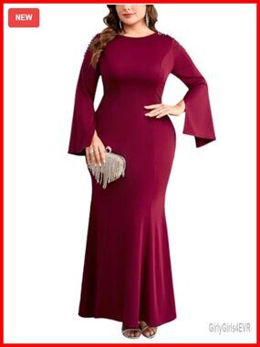 TIARALY Plus Size Formal Maxi Dress Long Sleeve Mermaid Evening Gown